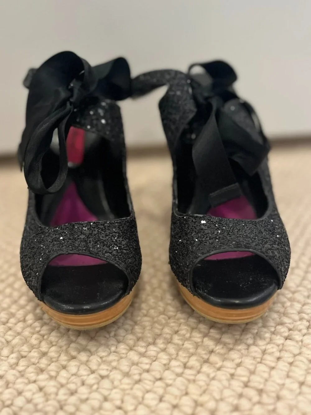Vintage Betsey Johnson Glitter Platform Heels w/ Peep Toe and Satin Straps US 9